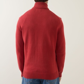 Model wearing Gant Maple Fire cotton half zip jumper, rear view showing turtleneck collar and ribbed hem and cuffs