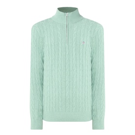 Gant Soft Green Melange cotton cable-knit half-zip jumper with funnel neck and logo badge