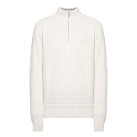 Gant Logo Textured Half-Zip Sweater in cream, waffle-knit cotton with half-zip neck, embroidered logo, and ribbed trims