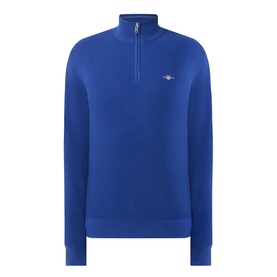 Gant Shield Logo Half-Zip Micro Textured Sweatshirt in Crisp Blue, funnel neck, ribbed trims, embroidered shield logo