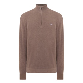 Gant Shield Logo Half-Zip Micro Textured Sweatshirt in Dark Hazelnut Melange with funnel neck, ribbed trims, and embroidered shield logo