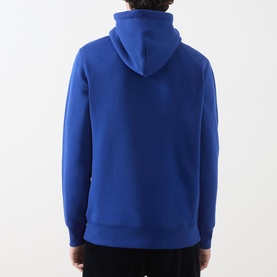 Model wearing Gant Shield Drawstring Hoodie in Crisp Blue, rear view showing hood with drawstring and kangaroo pocket.
