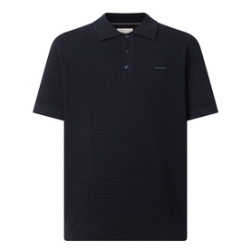 Gant Evening Blue cotton knit polo shirt with three-button placket, collar, and tonal check texture