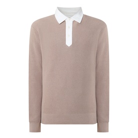 Gant Rugby Knitted Polo Shirt in Mist Taupe with white contrast pointed collar, long sleeves, and button placket