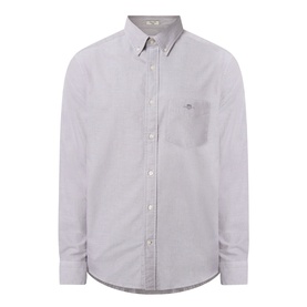 Gant Shield Logo Oxford Shirt in Faded Taupe, button-down collar, chest pocket, long sleeves, curved hemline
