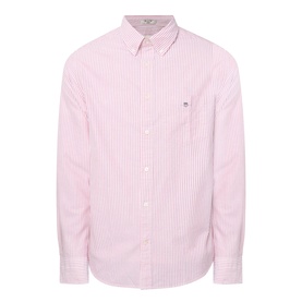 Gant Shield Logo Striped Shirt in Maple Fire, pink and white vertical stripes, button-down collar, chest pocket, long sleeves