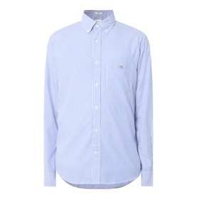 Gant Classic Stripe Banker Shirt in College Blue, button-down collar, long sleeves, embroidered shield logo, chest pocket, curved hem