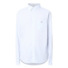 Gant Classic Stripe Banker Shirt in light blue, button-down collar, long sleeves, chest pocket, embroidered shield logo, curved hemline