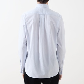 Model wearing Gant Classic Stripe Banker Shirt in light blue, rear view showing box pleat, locker loop, and long sleeves