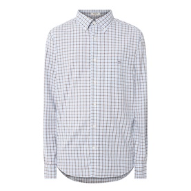 Gant Classic Check Logo Shirt in Faded Taupe, button-down collar, long sleeves, chest pocket, embroidered shield logo, check pattern