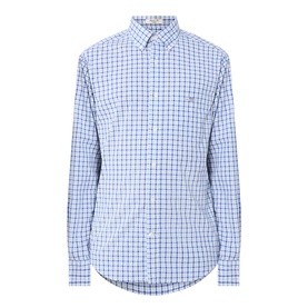 Gant Classic Check Logo Shirt in Fresh Blue, button-down collar, long sleeves, chest pocket, embroidered shield logo, check pattern