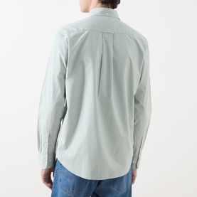 Model wearing Gant Classic Gingham Shirt in Surplus Mint, showing rear view with box pleat and locker loop detail, styled with blue jeans.