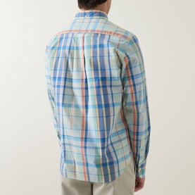 Model wearing Gant Shield Logo Checked Casual Shirt in Misty Mint multicolour plaid, back view, with beige trousers.