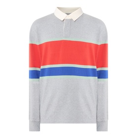 Gant Blocked Stripe Rugby Shirt in grey melange with red, blue and mint chest stripes, cream collar, long sleeves and ribbed cuffs