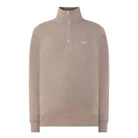 Gant Faded Taupe quarter-zip sweatshirt with high collar, silver zip, and small logo embroidery on chest