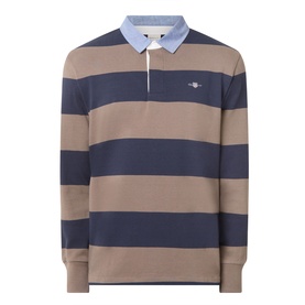 Gant Stripe Heavy Rugger Shirt in Faded Taupe, navy block stripes, light blue collar, embroidered shield logo, long sleeves, straight hem