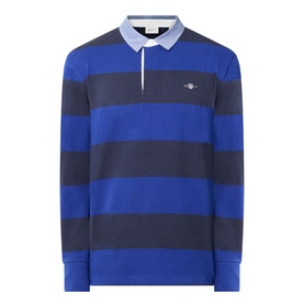 Gant Shield Logo Striped Rugby Shirt in Crisp Blue and navy, contrast collar, concealed button placket, long sleeves, ribbed cuffs