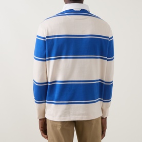 Model wearing Gant Nautical Blue striped cotton sweatshirt with polo collar, back view, styled with khaki trousers