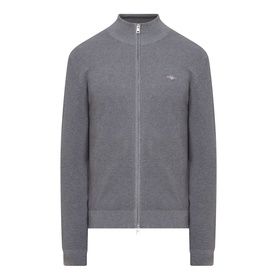 Gant Shield Logo Zip Sweater in dark grey melange, full-zip fastening, ribbed trims, small shield logo, textured cotton knit