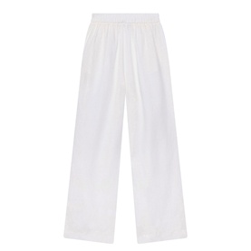 Mint Velvet Scalloped Trim High-Rise Linen Trousers in white, wide-leg silhouette with elasticated waistband and scalloped hem detail.