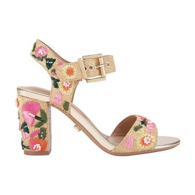 Carvela Sadie Embroidered Block Heels in multi, raffia fabric with floral embroidery, ankle strap, gold-tone buckle, and block heel
