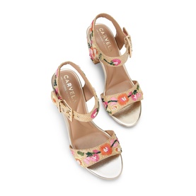 Carvela Sadie Embroidered Block Heels in multi, raffia fabric with floral embroidery, toe and ankle straps with small gold-tone buckle