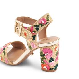 Carvela Sadie Embroidered Block Heels in multi, raffia fabric with floral embroidery, ankle strap, gold-tone buckle, and block heel