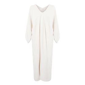 The Frankie Shop ivory maxi dress in 100% viscose, featuring V-neckline, gathered front pleats, and blouson sleeves