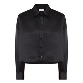 The Frankie Shop black cropped satin shirt with point collar, button-front fastening and long sleeves
