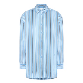 The Frankie Shop Oana Padded Stripe Shirt in Blue Multi Stripe, pointed collar, button fastening, long sleeves, curved hem