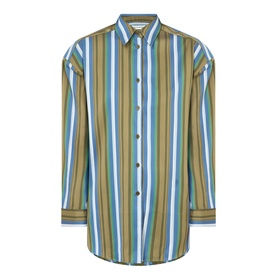 The Frankie Shop Oana Padded Stripe Shirt in Green Multi Stripe, pointed collar, button fastening, long sleeves, padded dropped shoulders