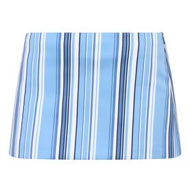 The Frankie Shop skirt in blue multi stripe, short A-line silhouette with vertical multicolour stripe pattern