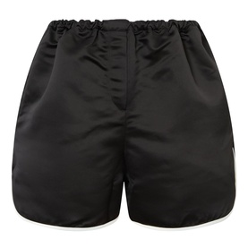 The Frankie Shop Adia Piped Shorts in black satin with elasticated waistband, contrast white piped trims and curved hems