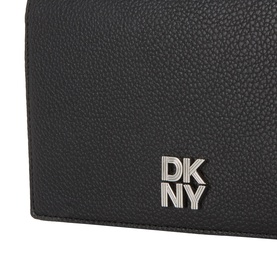 DKNY Etta Wallet Crossbody Bag in black pebbled faux leather with silver-tone DKNY logo hardware, close-up detail shot