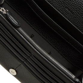 DKNY Etta Wallet Crossbody Bag in black pebbled faux leather, open interior view showing card slots, zip pocket and silver-tone hardware