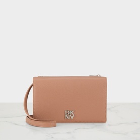 DKNY Etta Wallet Crossbody Bag in Hot Cocoa pebbled faux leather, silver-tone logo hardware and flap closure, with adjustable crossbody strap