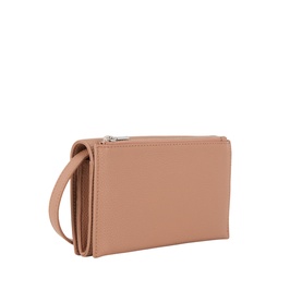 DKNY Etta Wallet Crossbody Bag in Hot Cocoa pebbled faux leather, silver-tone zip and hardware, detachable crossbody strap, rear zip pocket visible