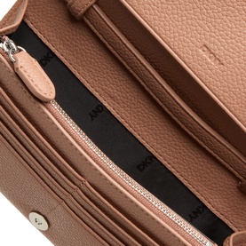 DKNY Etta Wallet Crossbody Bag in Hot Cocoa pebbled faux leather, open interior view showing card slots, zip pocket and silver-tone hardware