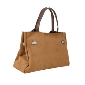 DKNY almond faux suede satchel with brown top handles and silver crystal bee embellishments on the sides