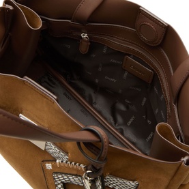 DKNY almond faux suede satchel, open top view showing branded black interior lining and silver zip pocket