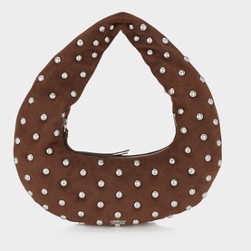 DKNY chocolate shoulder bag with all-over crystal stud embellishment, crescent silhouette, and zip closure, silver-tone hardware
