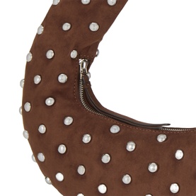 DKNY chocolate faux suede shoulder bag with pearl stud embellishments and silver zip fastening, close-up detail shot