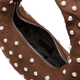 DKNY chocolate faux suede shoulder bag with all-over pearl studs, silver-tone zip, open showing black interior lining