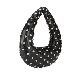 DKNY black shoulder bag with all-over silver dome studs, crescent hobo silhouette, silver-tone zip fastening