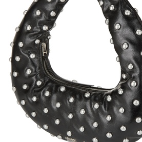 DKNY black shoulder bag with silver stud embellishments throughout, silver-tone zip closure, quilted ruched silhouette in faux leather