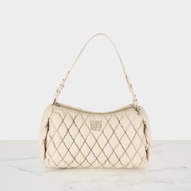 DKNY light taupe quilted shoulder bag with silver-tone logo hardware and single top handle, structured silhouette