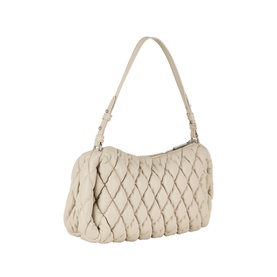 DKNY light taupe shoulder bag with quilted diamond-pattern exterior, silver-tone hardware, and single adjustable strap
