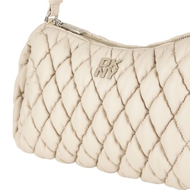 DKNY light taupe quilted shoulder bag with silver-tone logo hardware and structured crescent silhouette