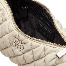 DKNY light taupe quilted shoulder bag, open to show black interior with zip pocket, gold-tone hardware and zip detail