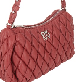 DKNY Remy Quilted Shoulder Bag in Rhythm Red with diamond quilting, silver-tone hardware, logo lettering, and adjustable shoulder strap